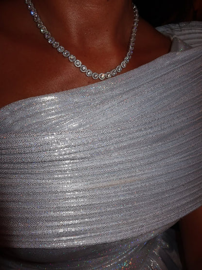 Silver Off-The-Shoulder Pleated Stylish Prom Dress