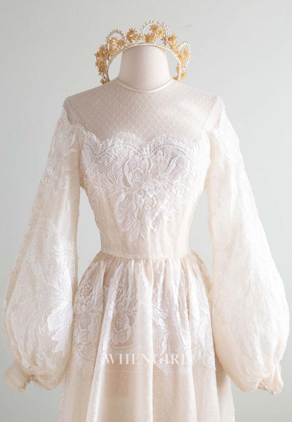 A-Line Illusion Neck Long Puff Sleeves Appliqued Lace Vintage Wedding Dress