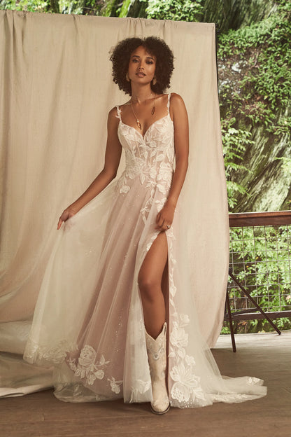 A-Line Appliqued V Back Sleeveless Wedding Dress