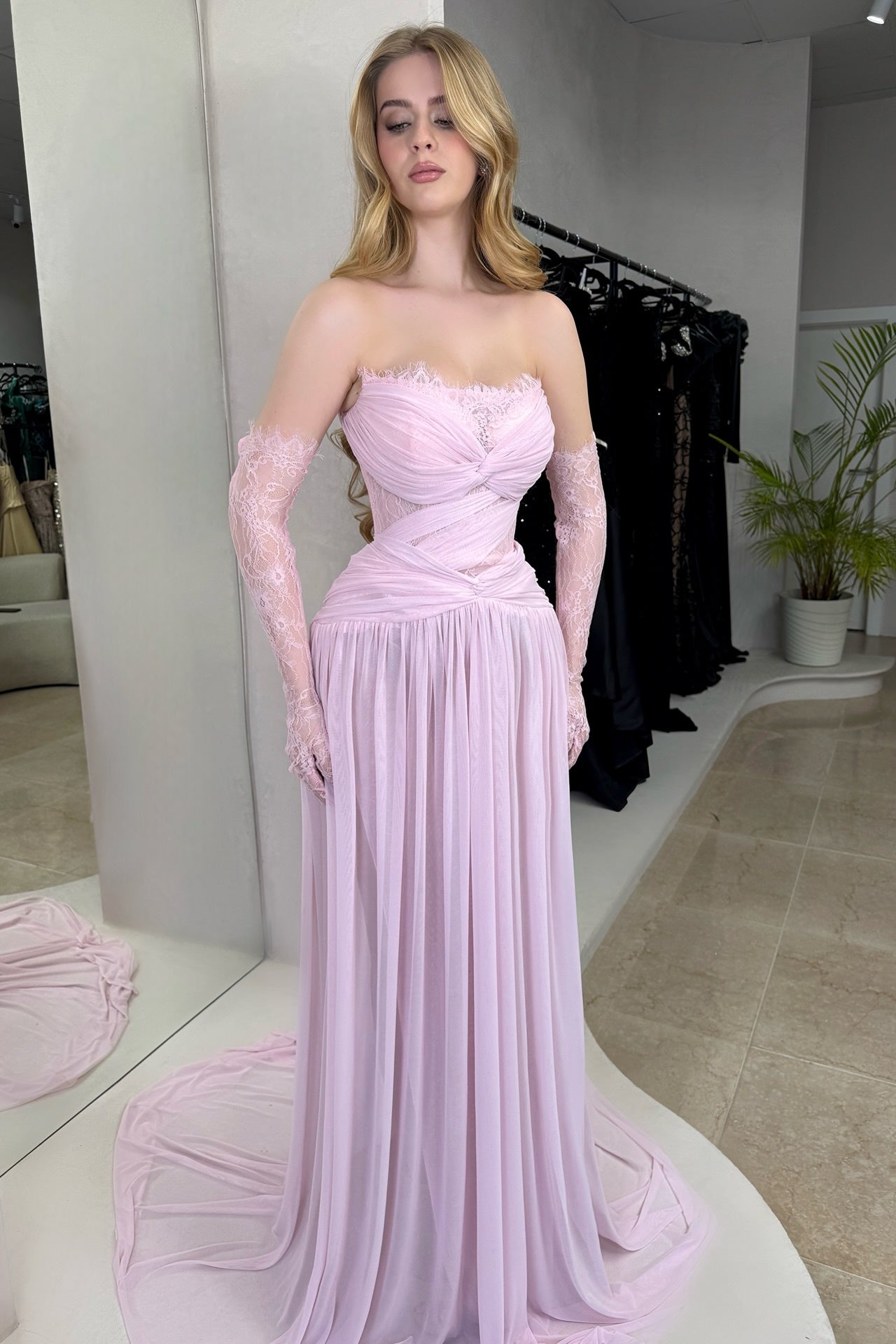 Column Strapless Fitted Prom Dress in Chiffon Pleated with Lace