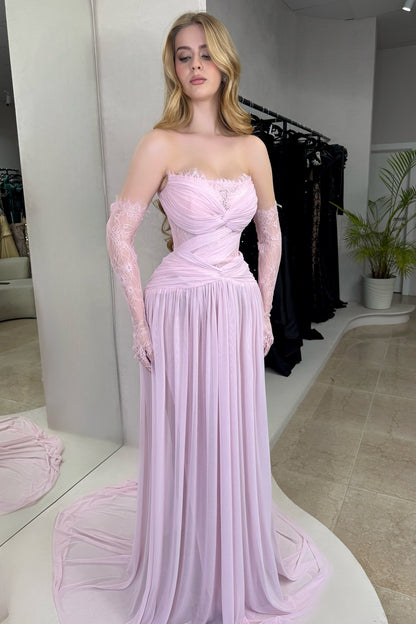 Column Strapless Fitted Prom Dress in Chiffon Pleated with Lace