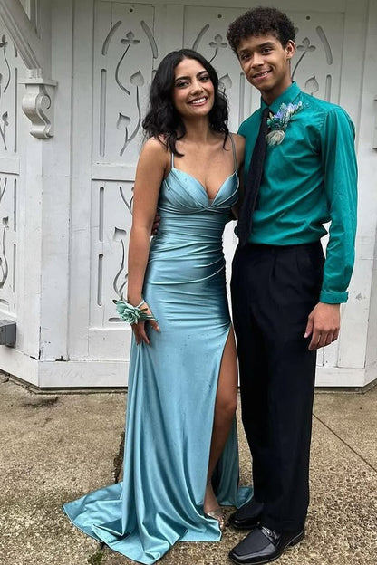 Charming Mermaid Sweetheart Aqua Satin Long Prom Dress with Slit
