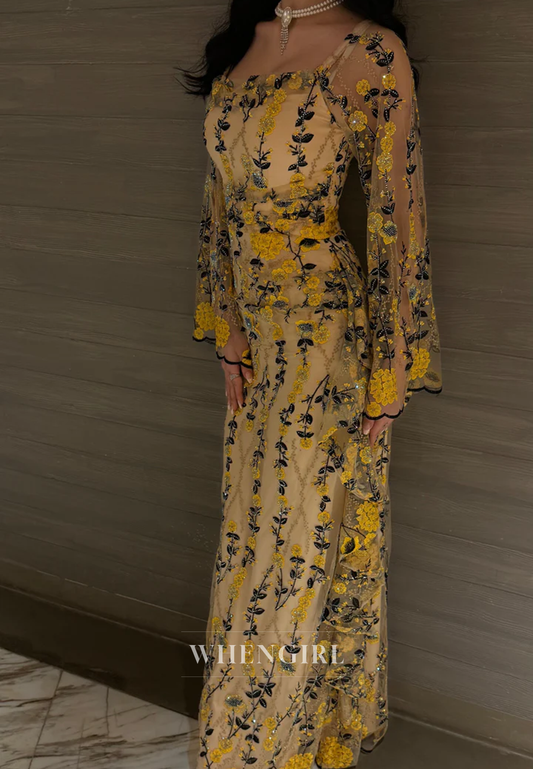 Elegant Long Sleeves Floral Sheath Square Neck Beaded Appliqued Formal Evening Dress