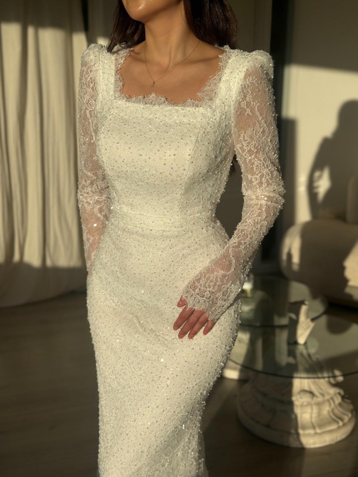 Mermaid Beaded Lace Long Sleeves Square Neck Floor Length Wedding Dress