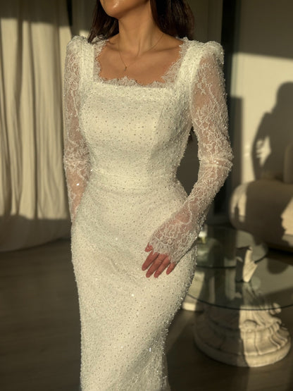 Mermaid Beaded Lace Long Sleeves Square Neck Floor Length Wedding Dress