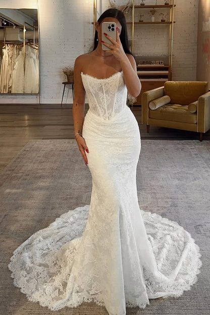 Bohomian Mermaid Scoop Neck Lace Wedding Dress with Appliques