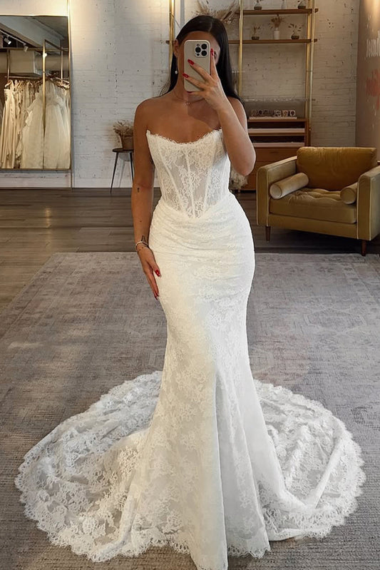 Bohomian Mermaid Scoop Neck Lace Wedding Dress with Appliques