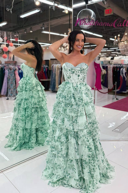 Fashion A Line Sweetheart Floral Chiffon Tiered Prom Dress