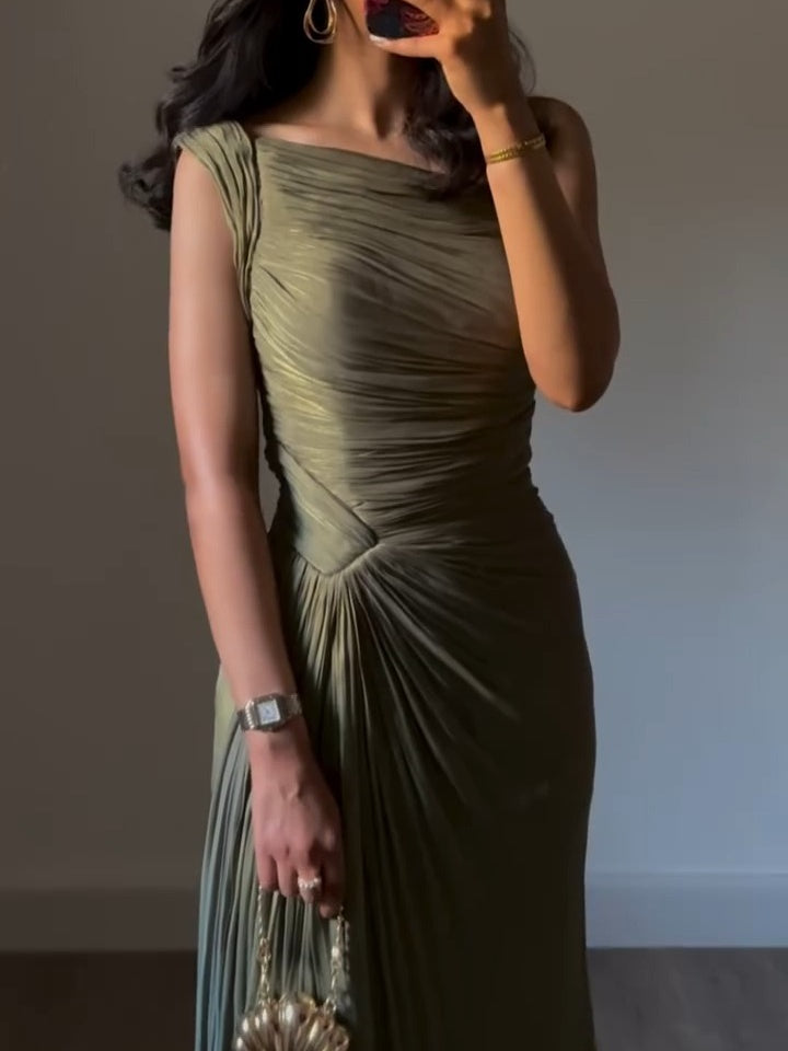 Pleated Bodycon One Shoulder Draped Evening Dress