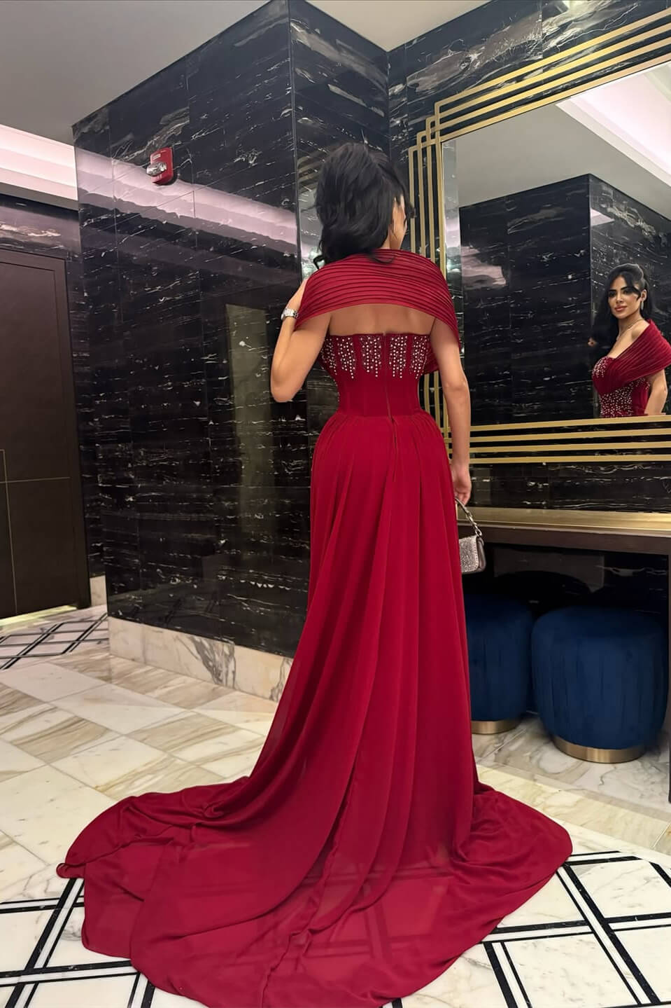 Bugurndy Off-the-Shoulder Strapless Slit Chiffon Evening Dress