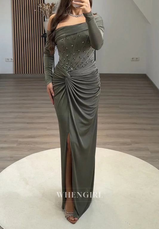 Green Asymmetrical Neck Long Sleeves Beaded Rhinestones Pleated Sheath Evening Formal Dress