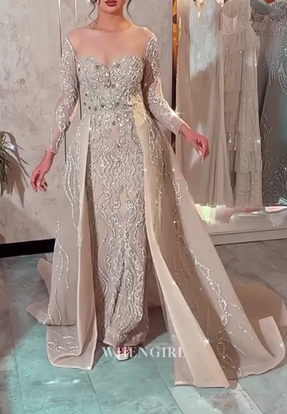 Champagne Rhinestones Beading Long Sleeves Sweetheart Sheath Formal Evening Dress with Train