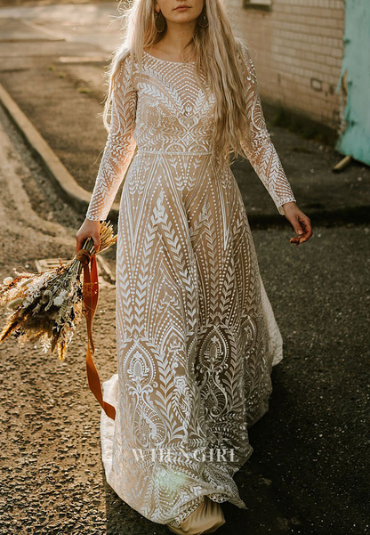 A-Line Boho Bateau Neck Long Sleeves Lace Cut Out Back Wedding Dress with Sweep Train