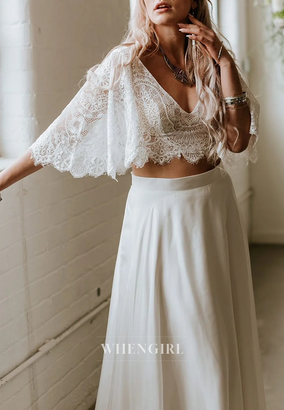 A-Line Flutter Sleeves V Neck Two Pieces Sweep Train Boho Wedding Dress