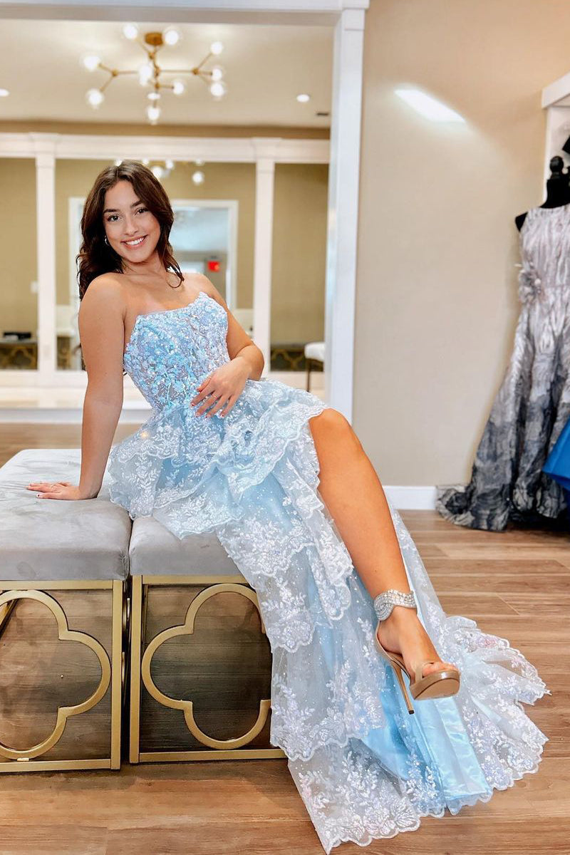 Light Blue Strapless Ruffle Sequin Lace Prom Dresses