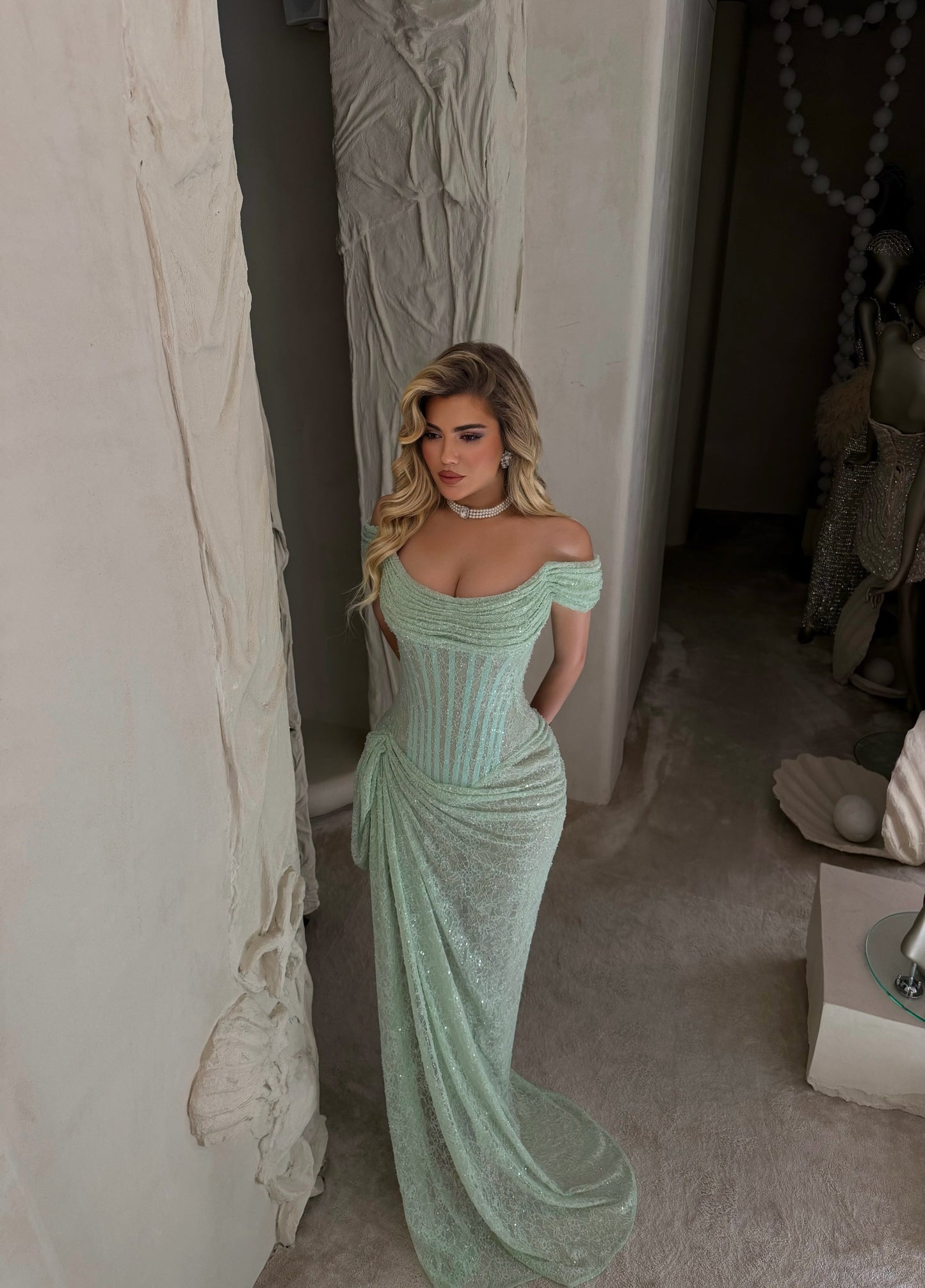 Mint Off Shoulder Ruched Sheath Evening Dress