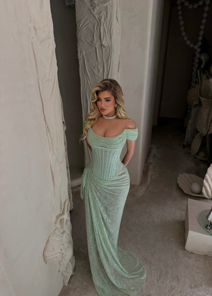 Mint Off Shoulder Ruched Sheath Evening Dress