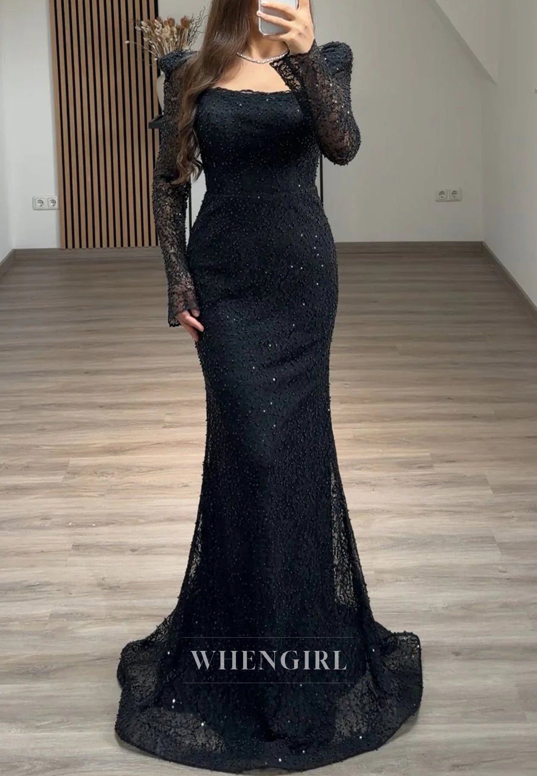 Mermaid Beaded Square Neck Long Sleeves Beaded Lace Evening Formal Dress