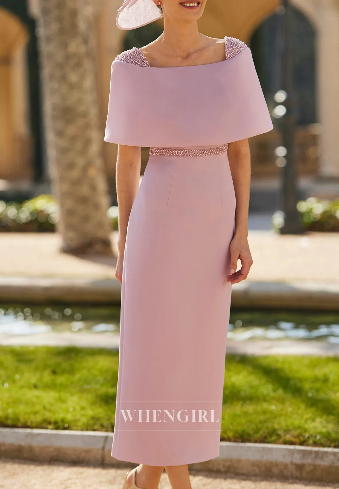 Sheath Square Neck Beaded Bowknot Short Sleeves Mother of the Bride Dress