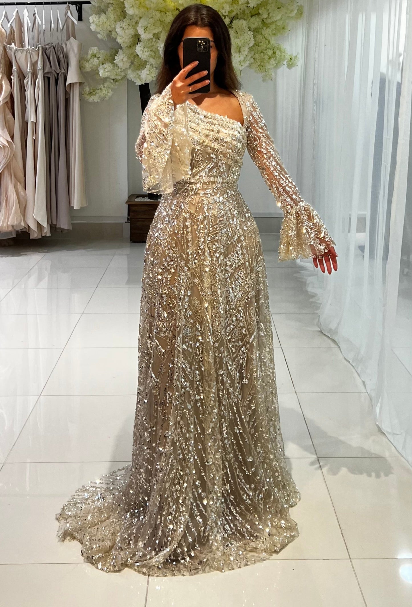 Champagne Asymmetrical Neck Long Sleeves Evening Dress