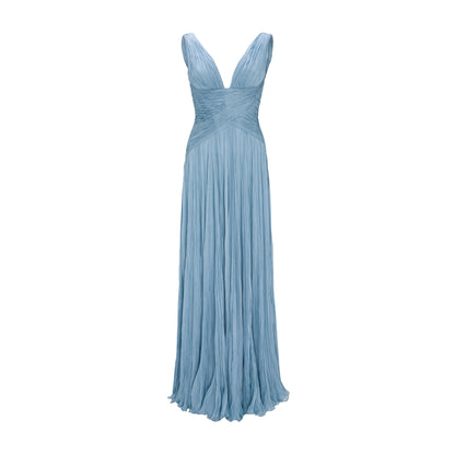 Lettuce Hem Pleated V Neck Sleeveless A-Line Formal Gown