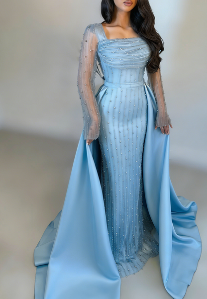 Sheath Square Neck Long Sleeves Beaded Sweep Train Evening Dress