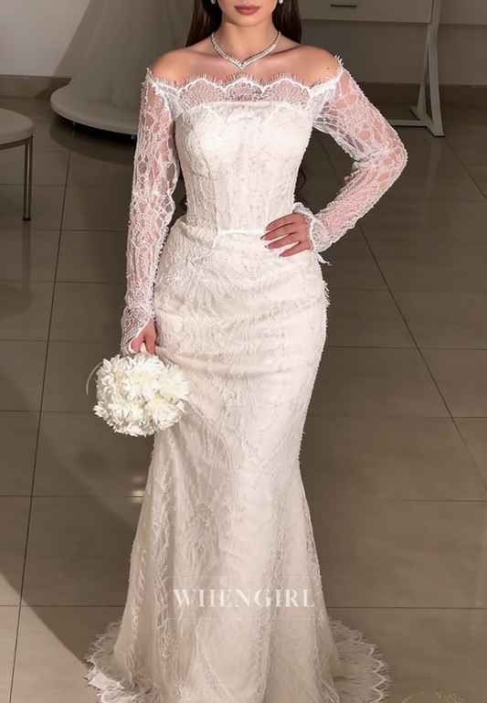 Trumpet Long Sleeves Lace Back Zipper Sweep Train Wedding Dress
