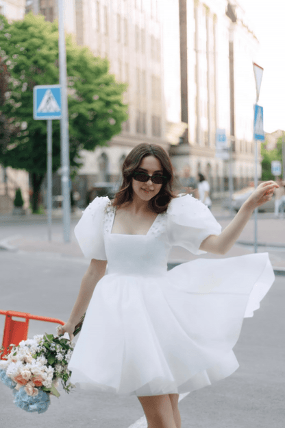 Yuna | A-Line Square-Neck Short Wedding Dress With Puffy Pearls Sleeves