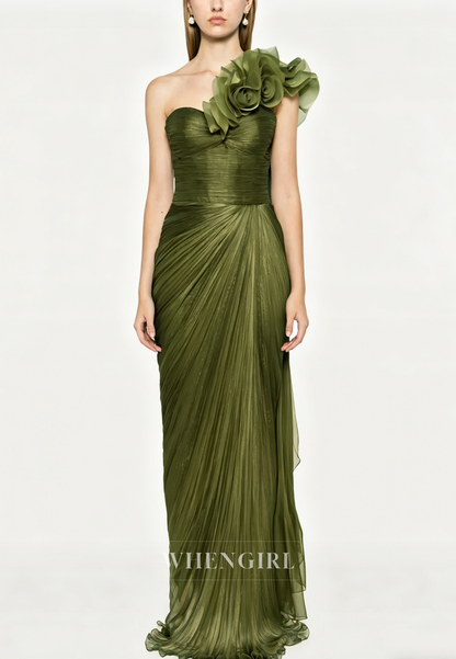 One Shoulder Floral Ruched Sheath Evening Dress