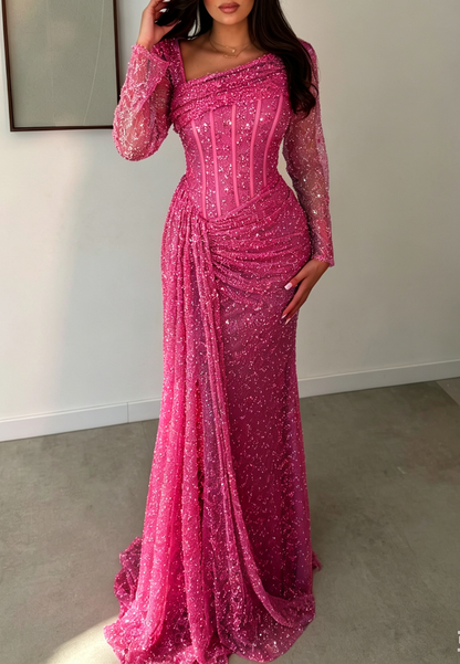 Asymmetrical Corset Beaded Long Sleeve Evening Gown with Slit