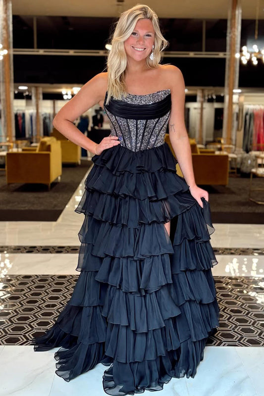 Cute A Line Black Tiered Chiffon Long Prom Dress with Hot Stone Beading