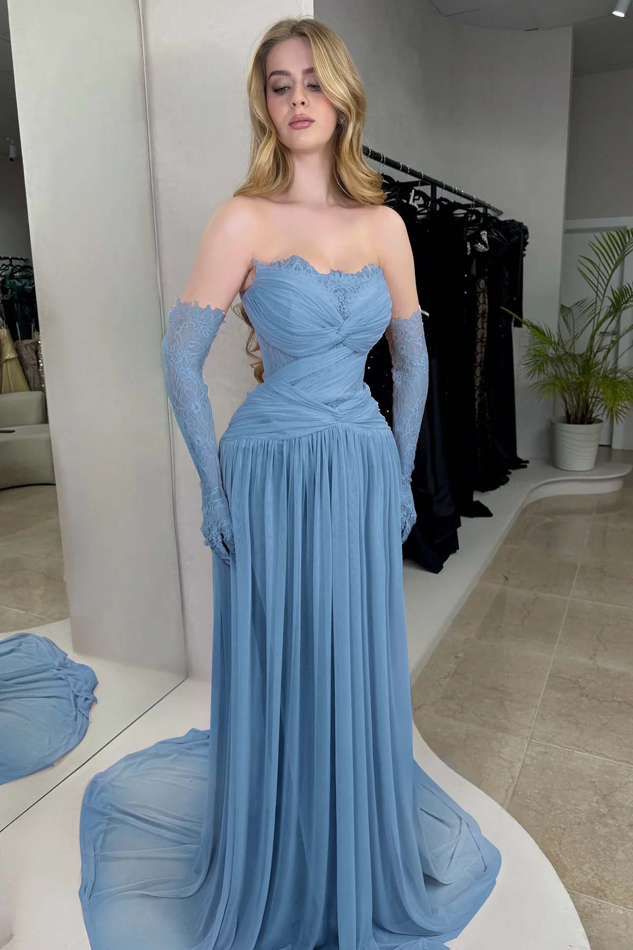 Column Strapless Fitted Prom Dress in Chiffon Pleated with Lace