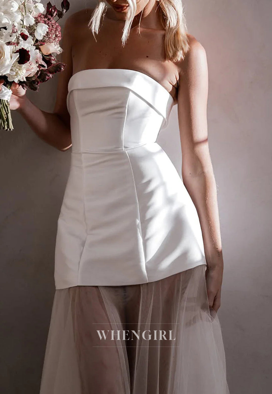 Sheath Tube Top Strapless Detachable Long Sleeves Lace Hem Floor Length Wedding Dress