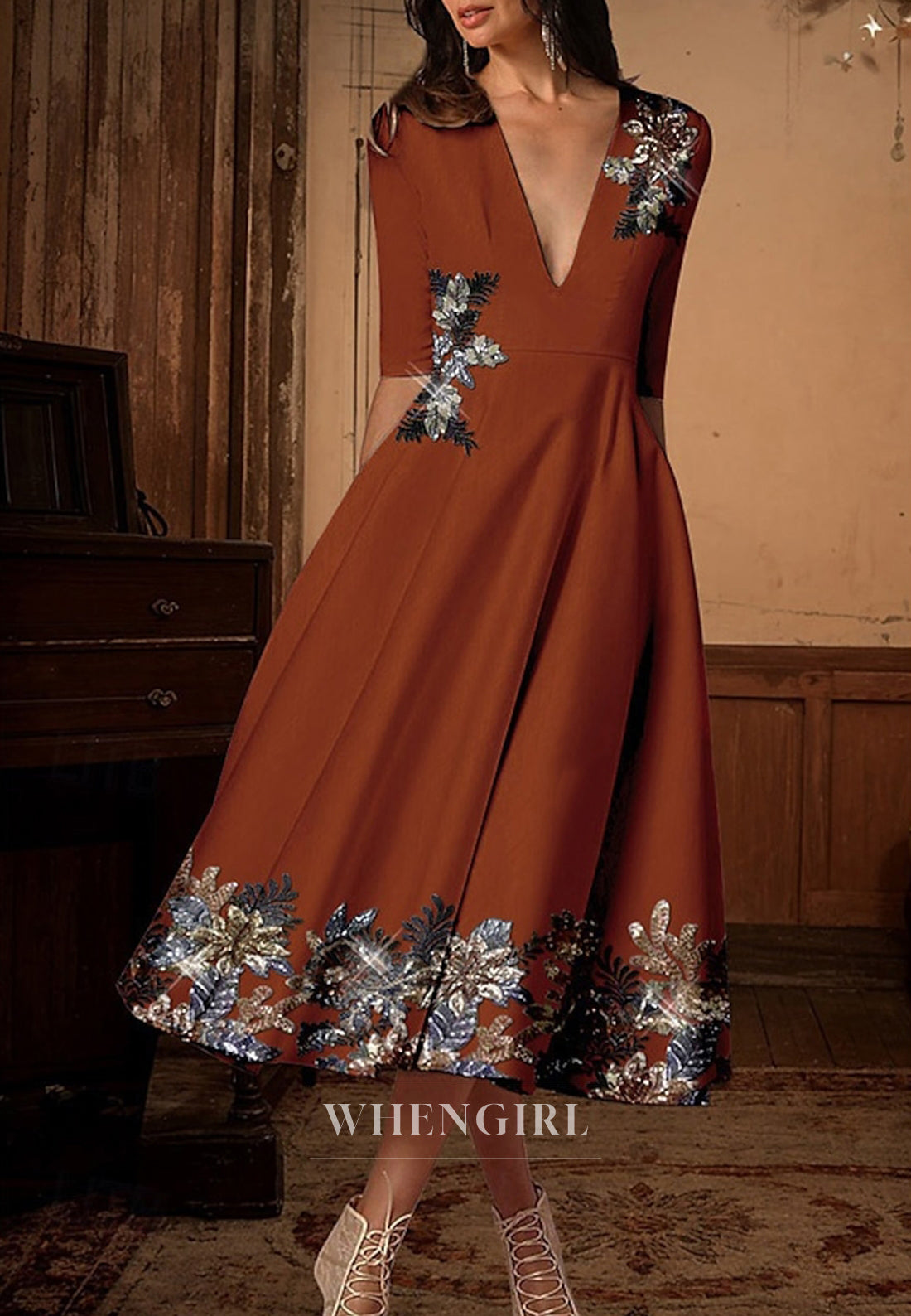 A-Line V Neck Half Sleeves Beaded Mother of the Bride Dress