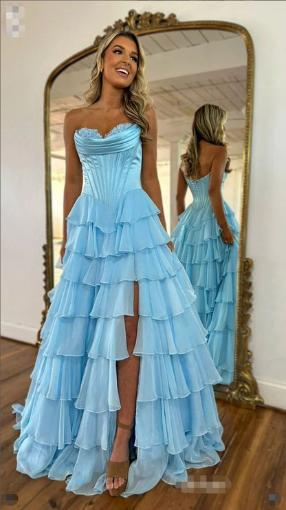 Cute A Line Sweetheart Light Blue Tiered Chiffon Prom Dress with Slit