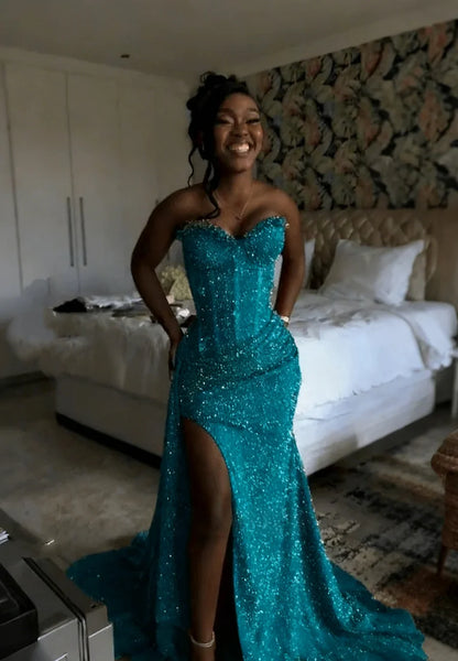 Orange Sweetheart Beaded Rhinestones Sleeveless Side Slit Pleated Mermaid Prom Dress