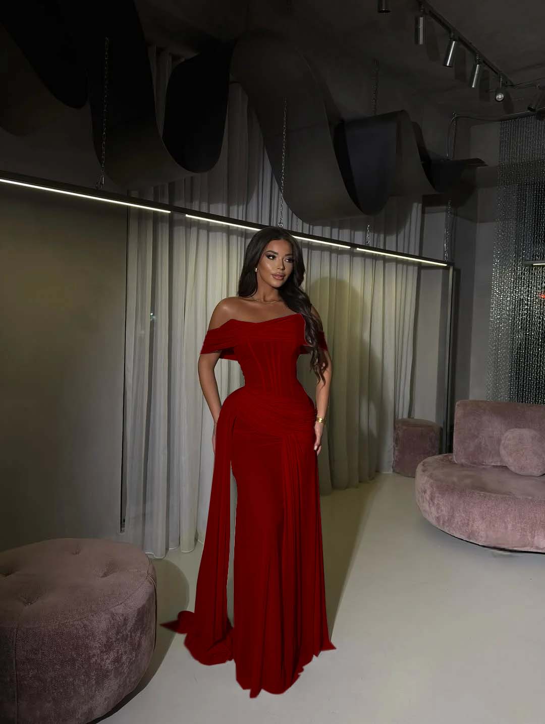 Blushing Pink Romantic Pleated Floor Length Off-The-Shoulder Prom Dress