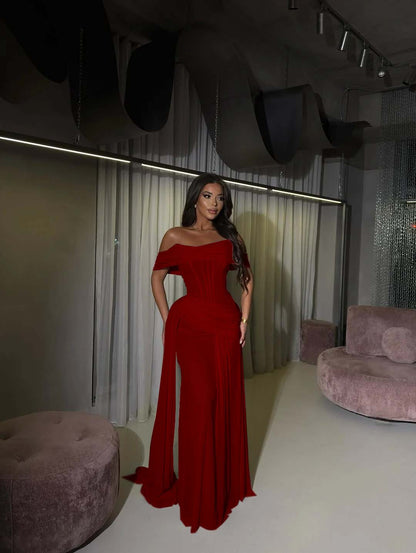 Blushing Pink Romantic Pleated Floor Length Off-The-Shoulder Prom Dress