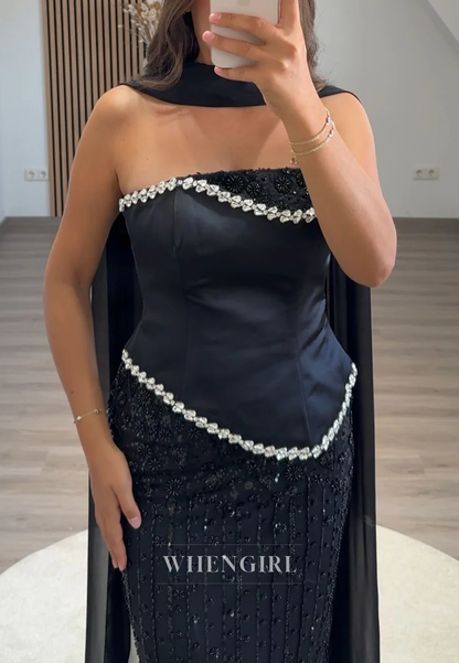 Sheath Strapless Sleeveless Rhinestones Beading Long Evening Formal Gown with Scarf