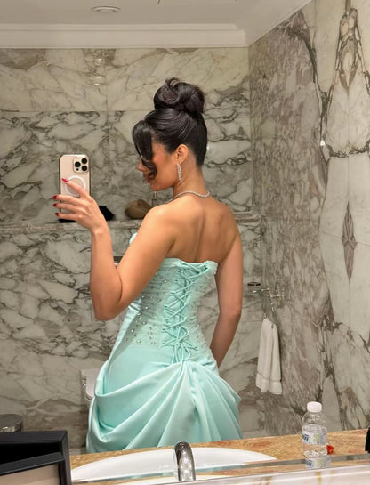 Mint Blue Strapless Prom Dress Pleated Floor Length with Rhinestone
