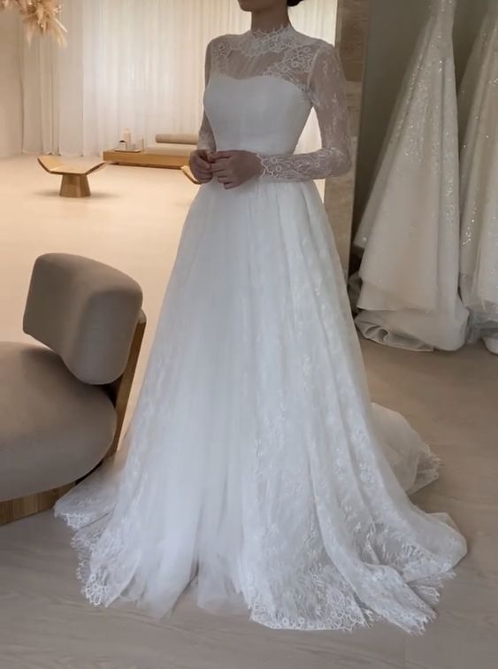 A Line Long Sleeves Lace Illusion Neck Wedding Dress