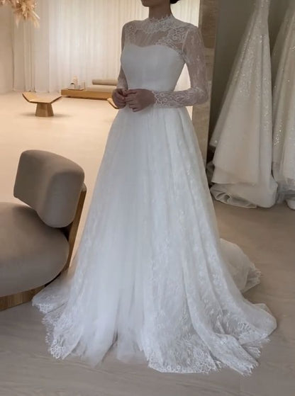 A Line Long Sleeves Lace Illusion Neck Wedding Dress