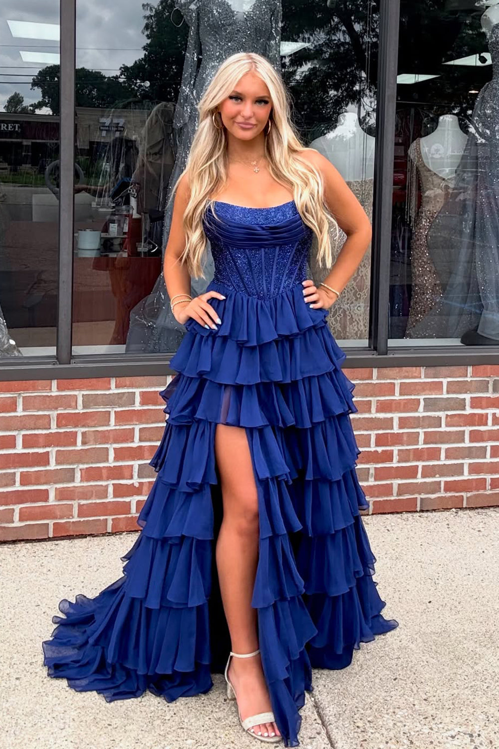 Gorgeous A Line Scoop Neck Royal Blue Chiffon Prom Dress with Slit
