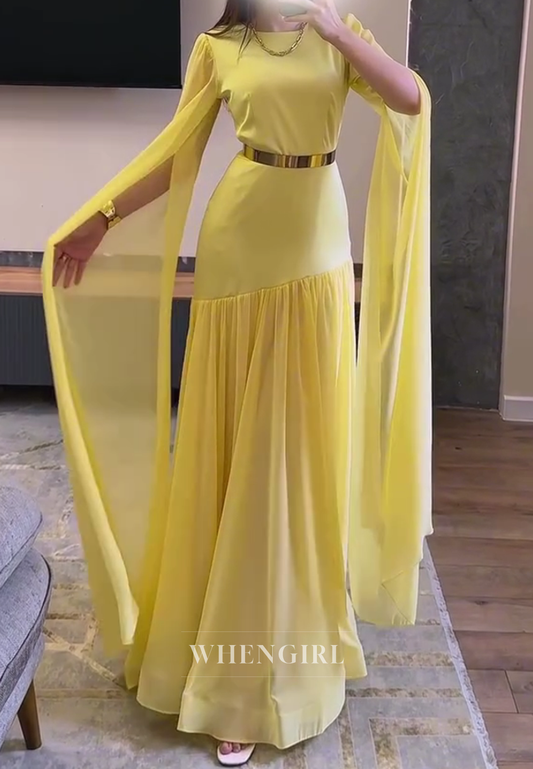 Sheath Bateau Neck Long Sleeves Pleated Chiffon Evening Formal Dress