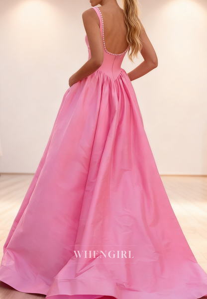 Pink A-Line Square Neck Regular Straps Sleeveless Side Slit Prom Dress
