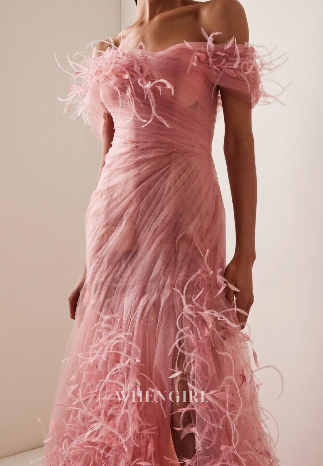 Dusty Pink Off Shoulder Pleated Side Slit Feather Back Zipper Mermaid Evening Formal Dress with Train