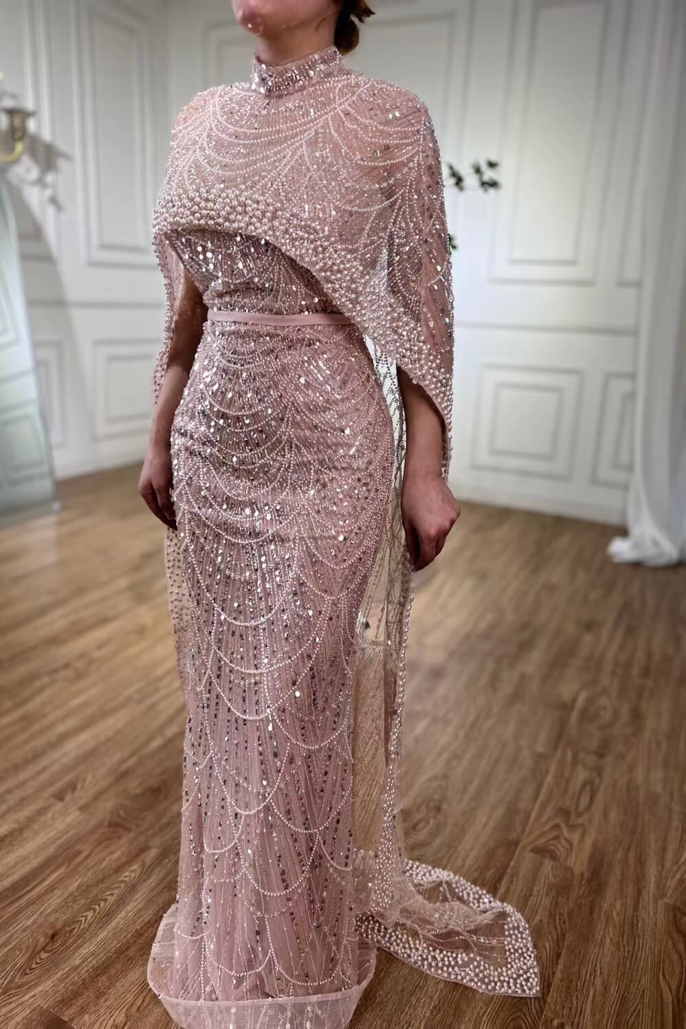 High Neck Sheath Pearls Prom Dresses With Cape Long Sequins Beads