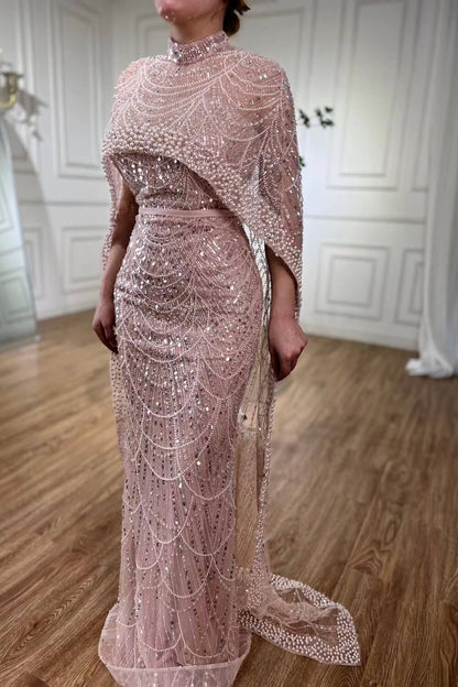High Neck Sheath Pearls Prom Dresses With Cape Long Sequins Beads
