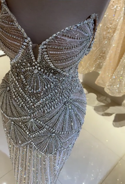 Art Deco Beaded Spaghetti Strap Evening Gown