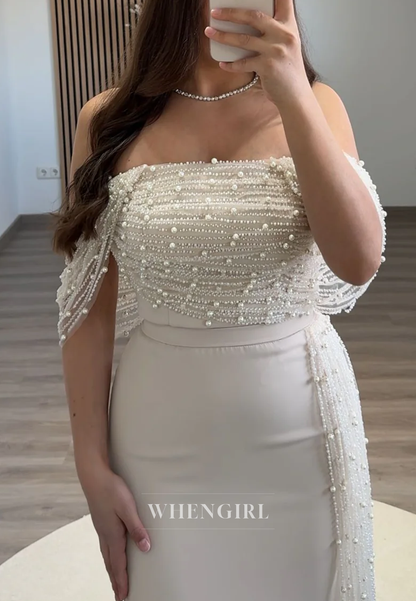 Off Shoudler Pearls Beaded Sheath Back Zipper Sleeveless Long Evening Formal Gown